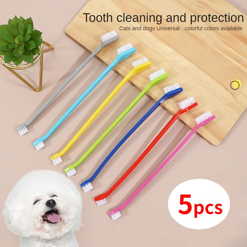 Set of 5 Double-Headed Dog & Cat Toothbrushes – Long Handle, Soft Bristles, Pet Dental Care